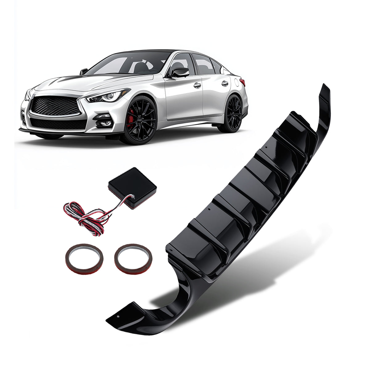 Glossy Black Rear Bumper Diffuser Lip W/ LED Light For 2018-22 2023 compatible For Infiniti Q50