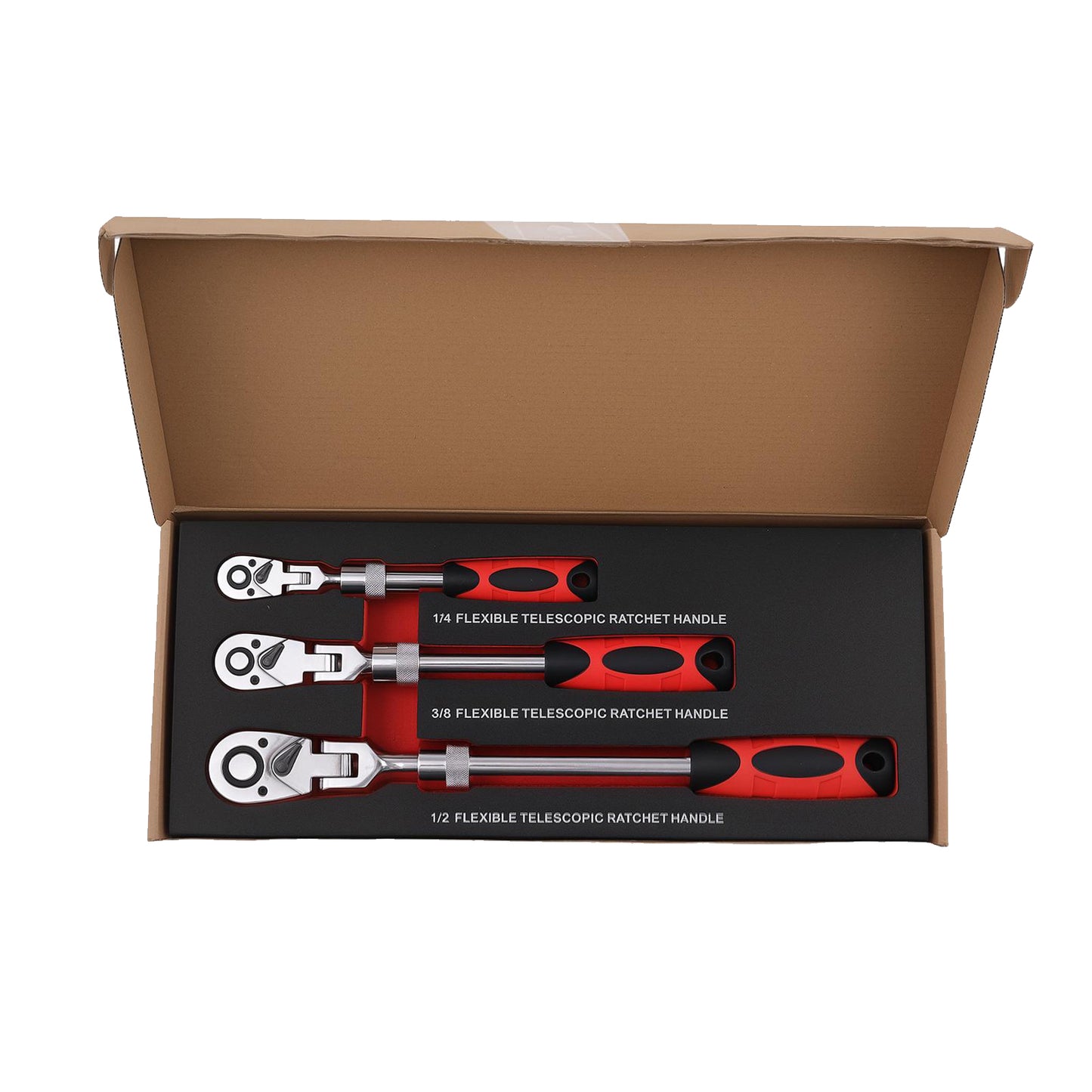 3pc Extendable Flex Head Ratchet Set 1/4” 3/8” Drive 72 Tooth Steel Heavy Duty