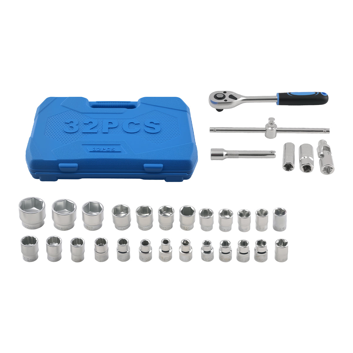 1/2 Chrome Socket Set 32PCS 8-32mm 6/12 Point Ratchet Wrench Extension Bar