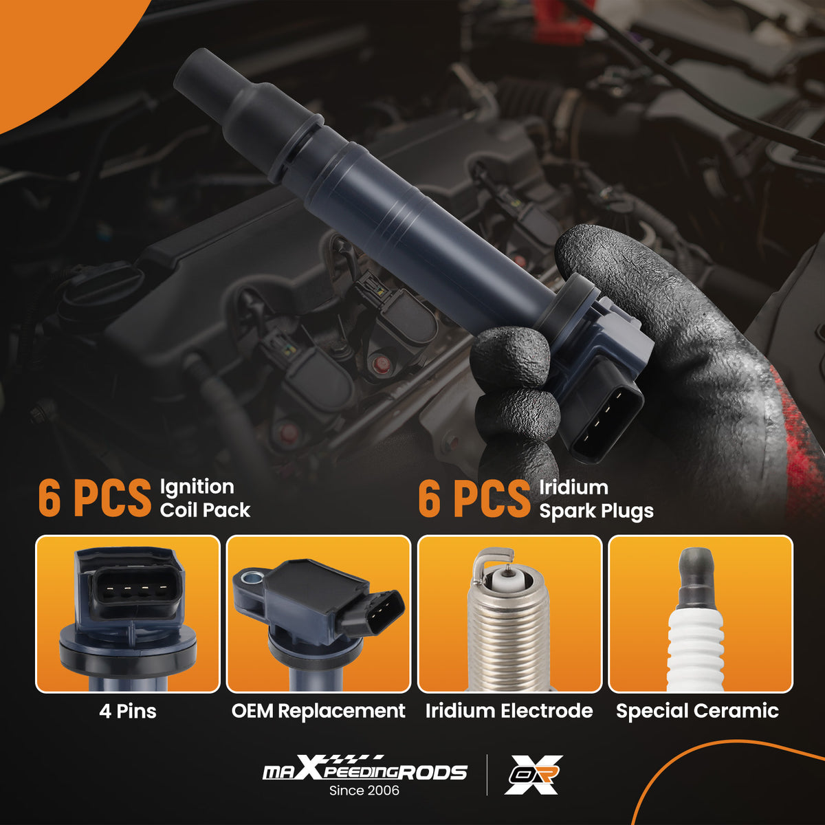 Pack of 6Ignition Coil + Spark Plugs compatible For Toyota 4Runner 2010/03-09 compatible For Tacoma 2016