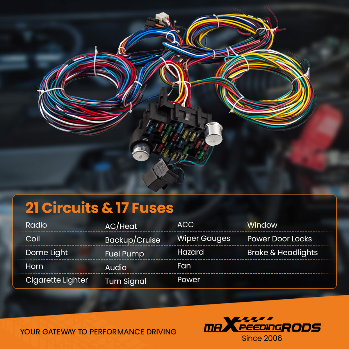 21 Circuit Wiring Harness compatible For CHEVY compatible For ForD Hotrod UNIVERSAL Extra long Wires