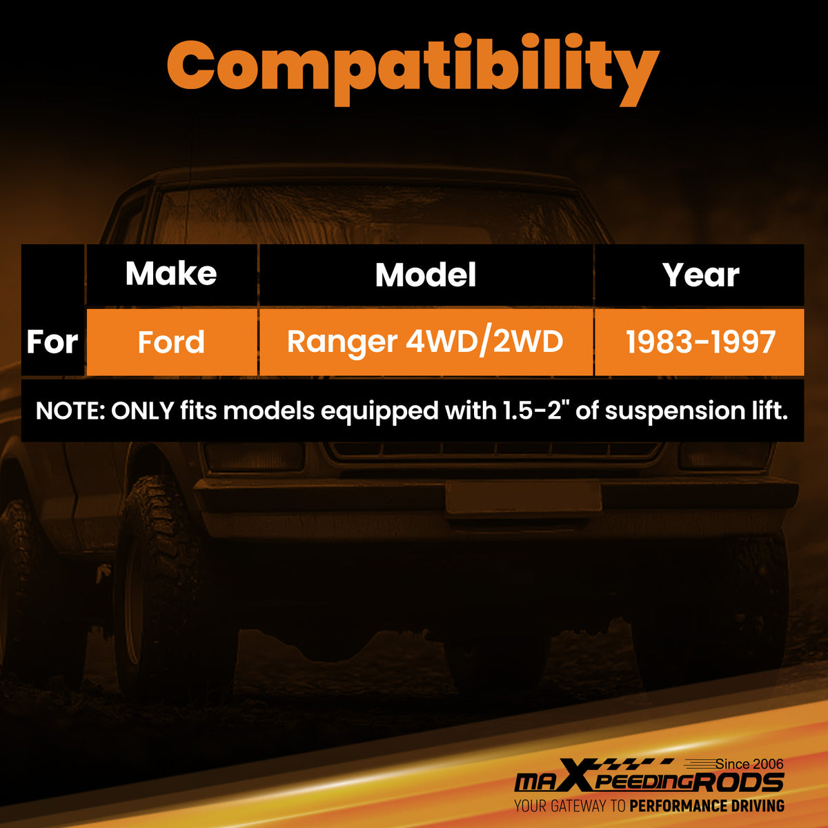 Front Lift Shock compatible For Ford Ranger 1983-1997 1.5-2 Lift 490mm Extended 4WD