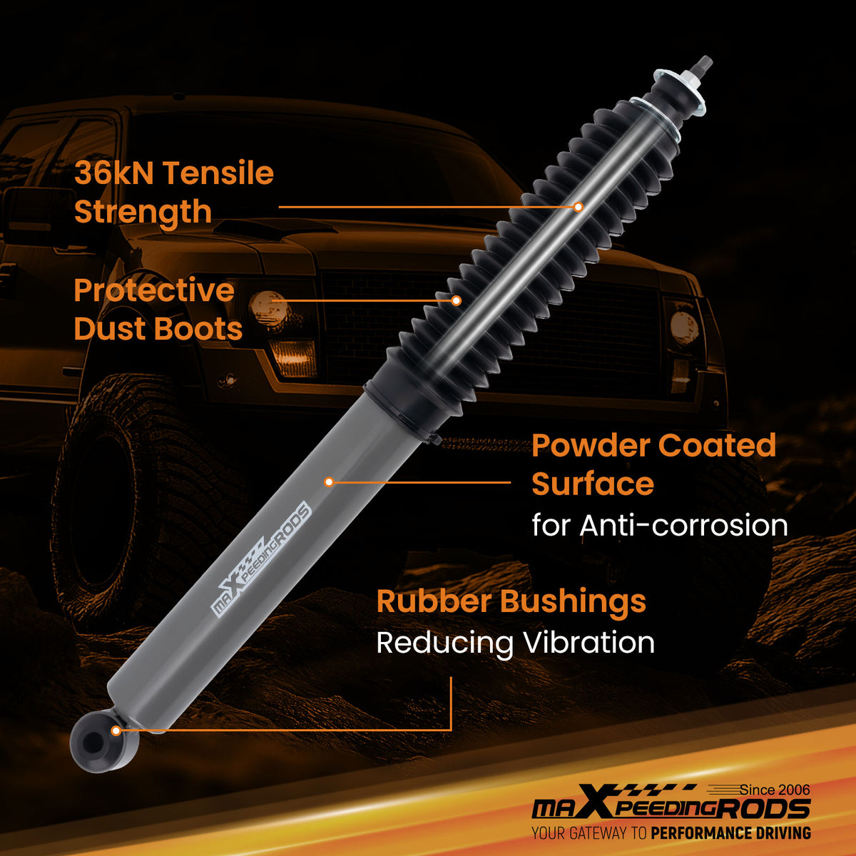 0-2inch Lift Rear Shock Absorbers compatible For Toyota Tacoma 4WD/RWD 2005-2023 Steel