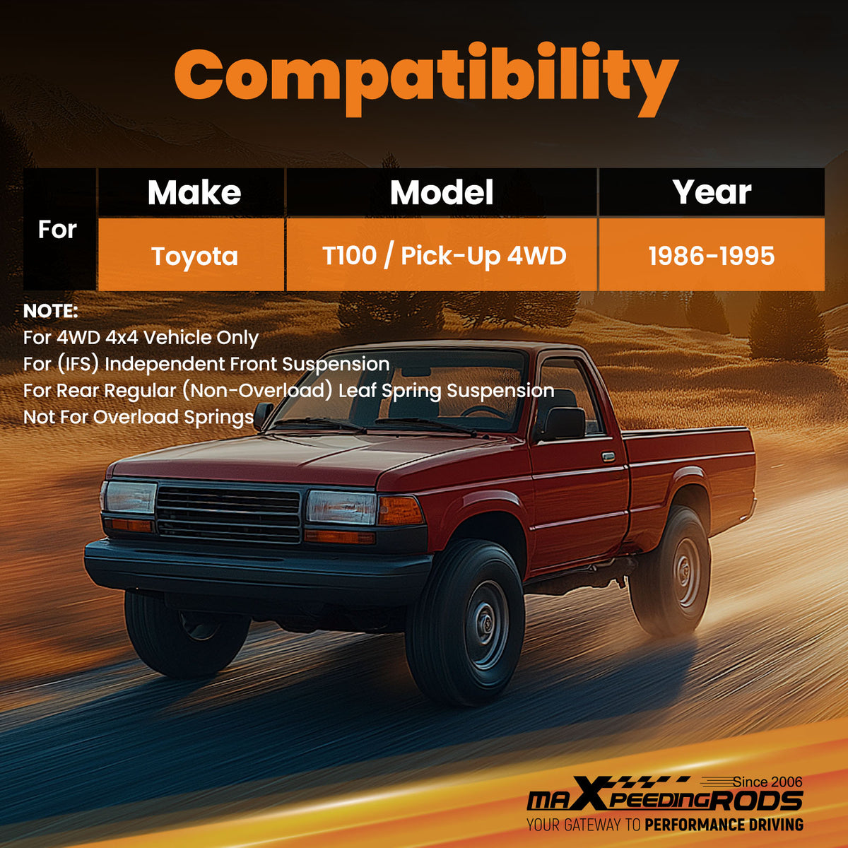 3 2 Lift Kit compatible For Toyota T100 Pick-Up 1986-1995 4WD Front Rear 4x4