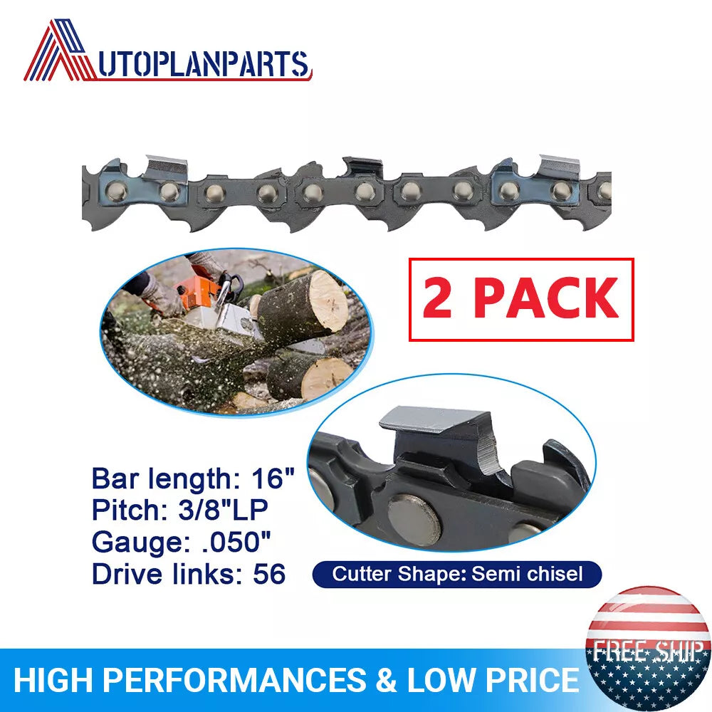 2pcs 16-Inch Chainsaw Chain 3/8" LP .050" Gauge 56DL Fits Greenworks/Echo/Makita