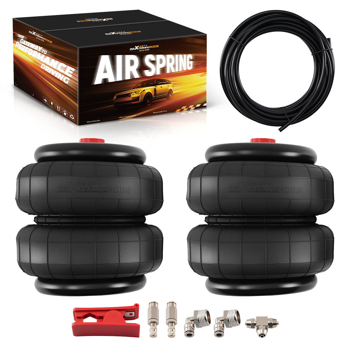 Pair 2500 lb 1/2npt Single Port Air Suspension Bags + Air Line + Air Fitting