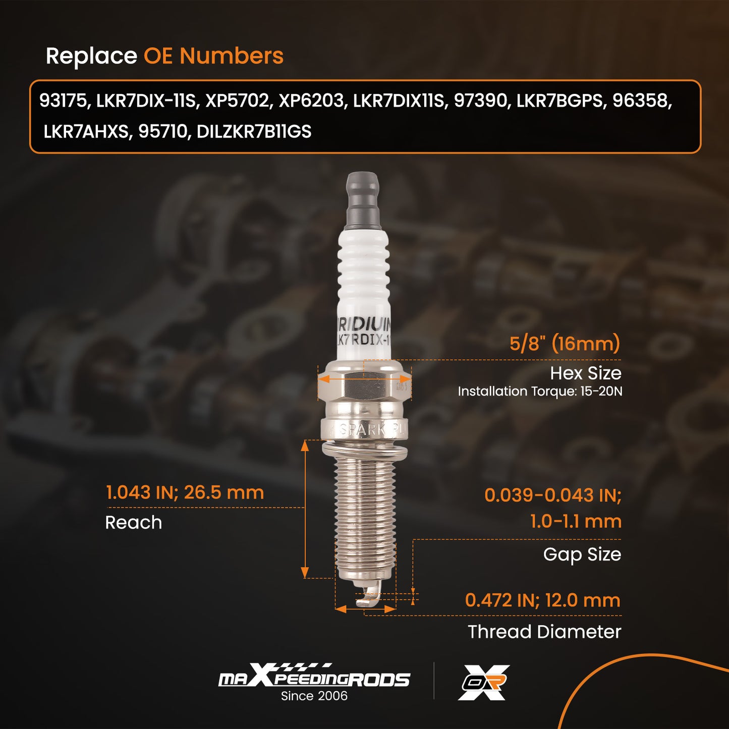 6× Iridium Spark Plugs compatible for Acura Chrysler Dodge Honda Hyundai 2008-2020 V6 93175