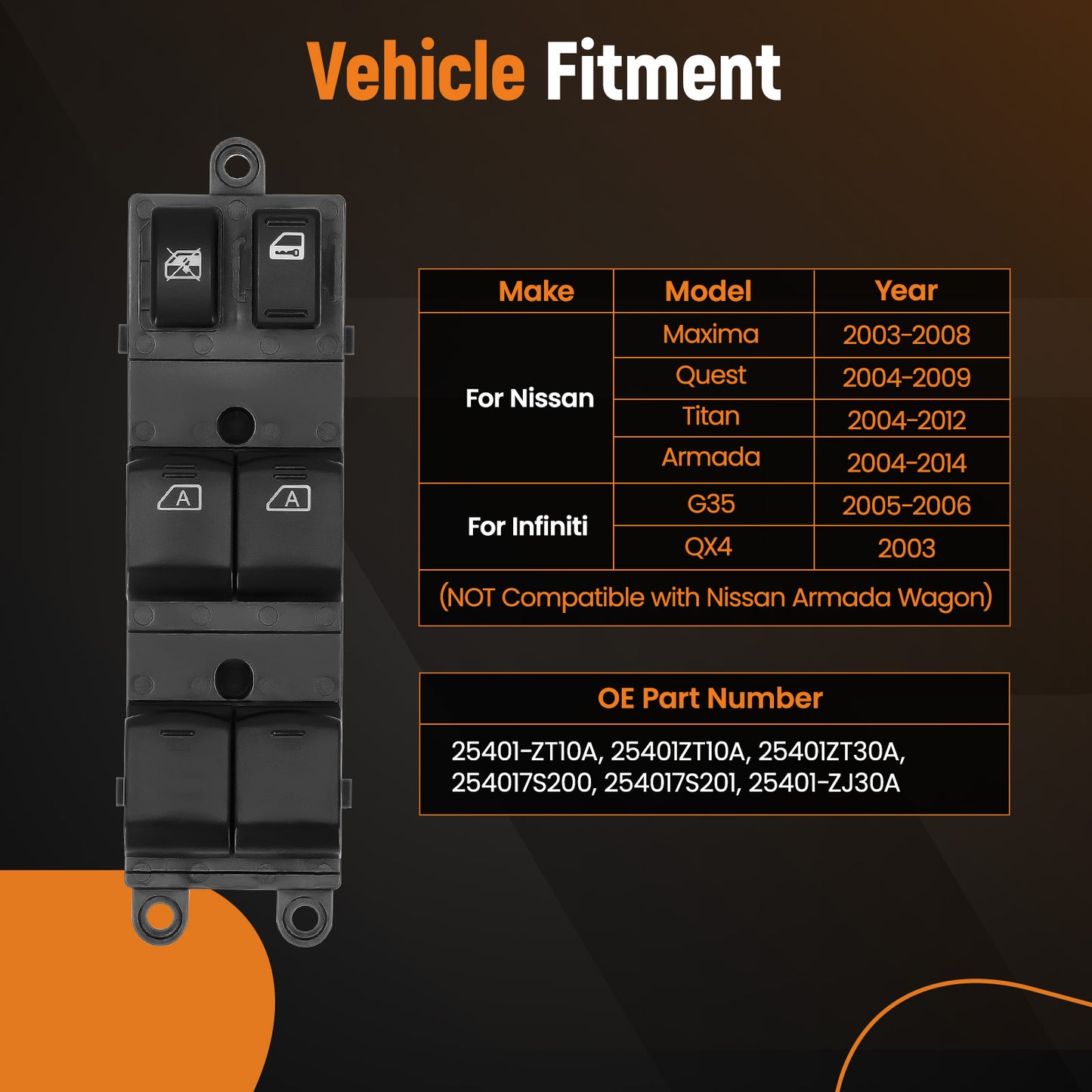 Black Master Power Window Control Switch compatible for Nissan Armada 2004-2014 25401-ZT10A