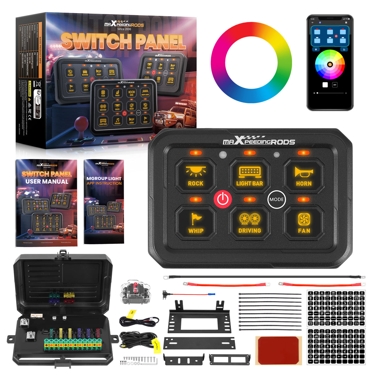Touch Switch Panel 6 Gang For Off-Road Vehicle SUV Pickup RGB Backlight 60A Max
