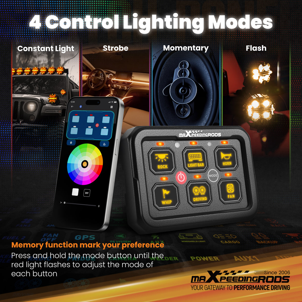 Touch Switch Panel 6 Gang For Off-Road Vehicle SUV Pickup RGB Backlight 60A Max