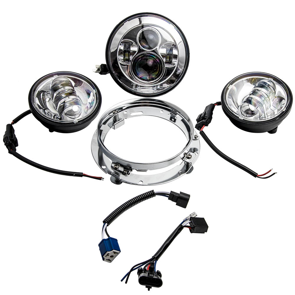 7 Black LED Headlamp Headlight + 4.5inch Passing Lights compatible For Harley
