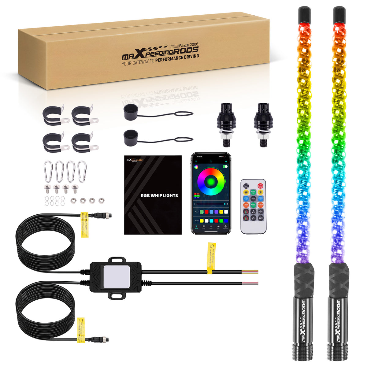 2PCS 2FT RGB Spiral Whip Lights with AppRemote Control Microphone Detection, LED Chasing Lighted Whip with DIY Patterns Flags Driving Alignment, Signal Light For UTV ATV compatible For Can-Am Boat