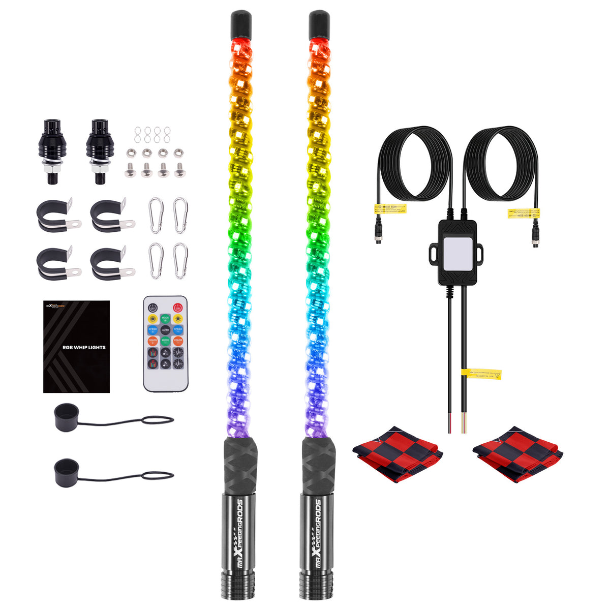 2PCS 2FT RGB Spiral Whip Lights with AppRemote Control Microphone Detection, LED Chasing Lighted Whip with DIY Patterns Flags Driving Alignment, Signal Light For UTV ATV compatible For Can-Am Boat