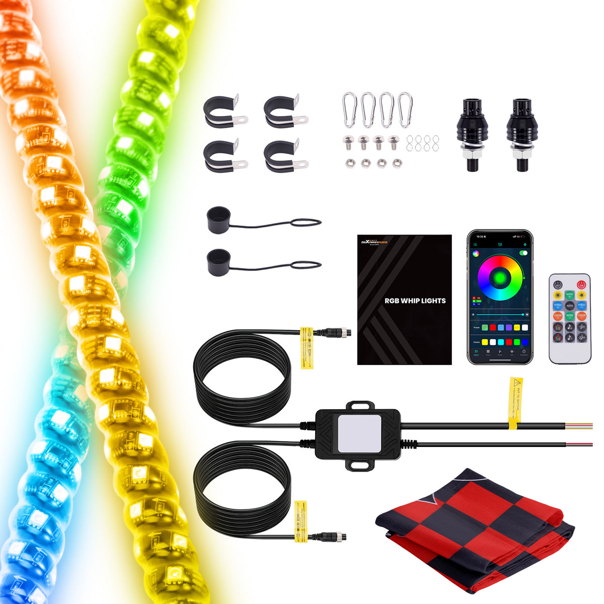 2PCS 2FT RGB Spiral Whip Lights with AppRemote Control Microphone Detection, LED Chasing Lighted Whip with DIY Patterns Flags Driving Alignment, Signal Light For UTV ATV compatible For Can-Am Boat