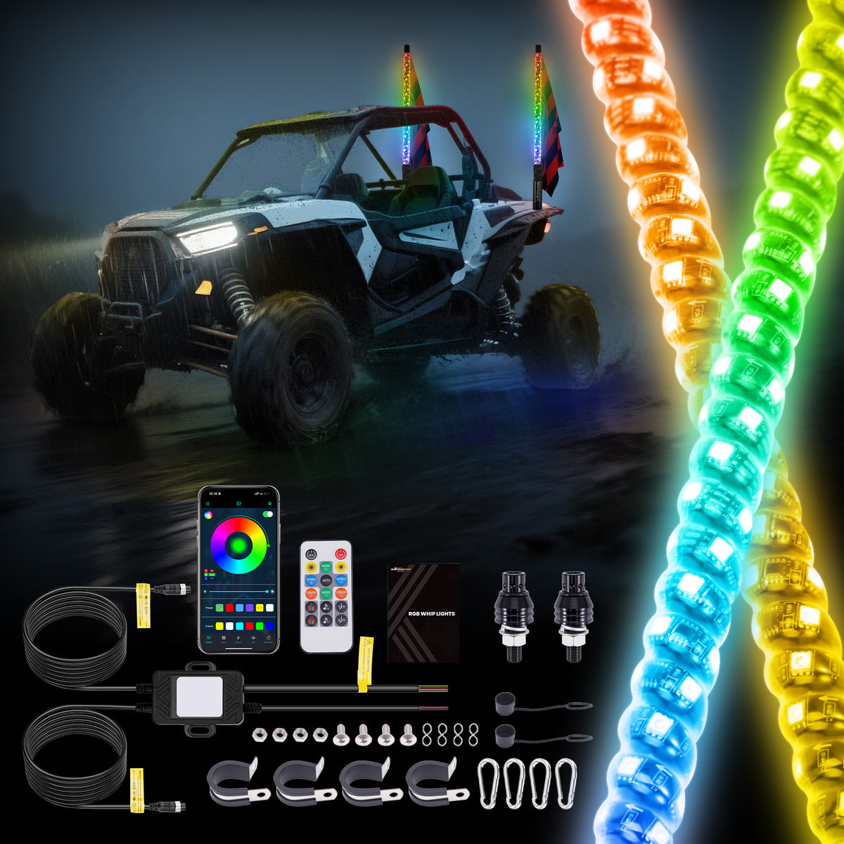 2PCS 2FT RGB Spiral Whip Lights with AppRemote Control Microphone Detection, LED Chasing Lighted Whip with DIY Patterns Flags Driving Alignment, Signal Light For UTV ATV compatible For Can-Am Boat